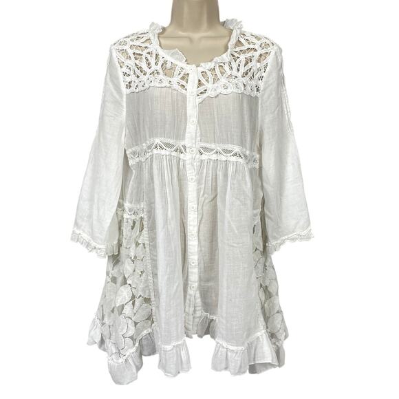 Sacred Threads Tunic Babydoll Top Womens Large White Lace Crochet Boho Sheer - Picture 1 of 10